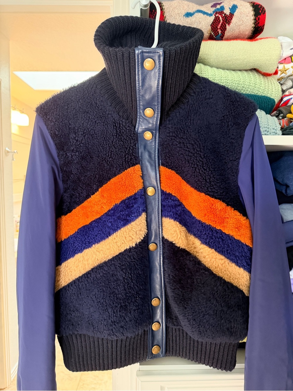 Vintage Coach Lamb Shearling Chevron Bomber Jacket with Lamb Leather - Picture 3 of 15